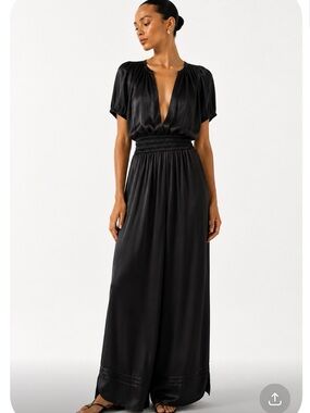 ANTHROPOLOGIE Somerset Satin Black Deep-V Wide Leg Jumpsuit Size Medium